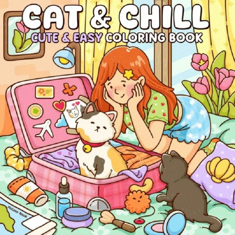 Cat & Girl Cute Easy Coloring  - đánh giá và giá Adult Coloring Book Stress Relief